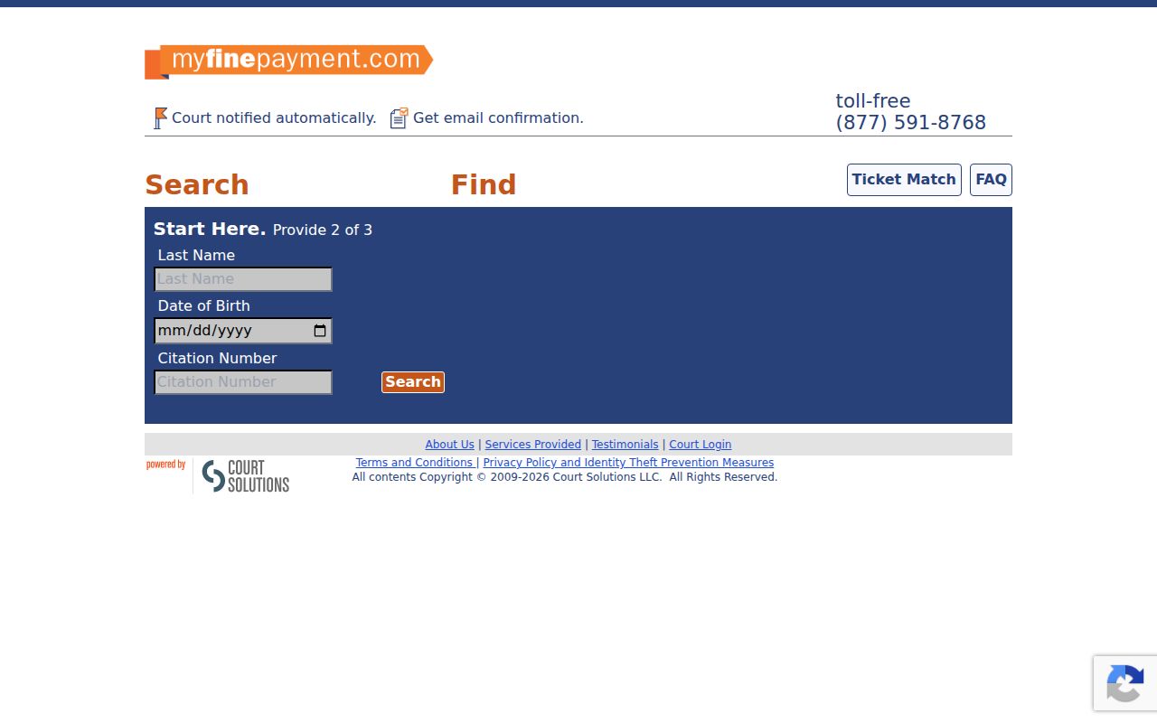 Holdenville MyFinePayment search fields for last name, date of birth, and citation number