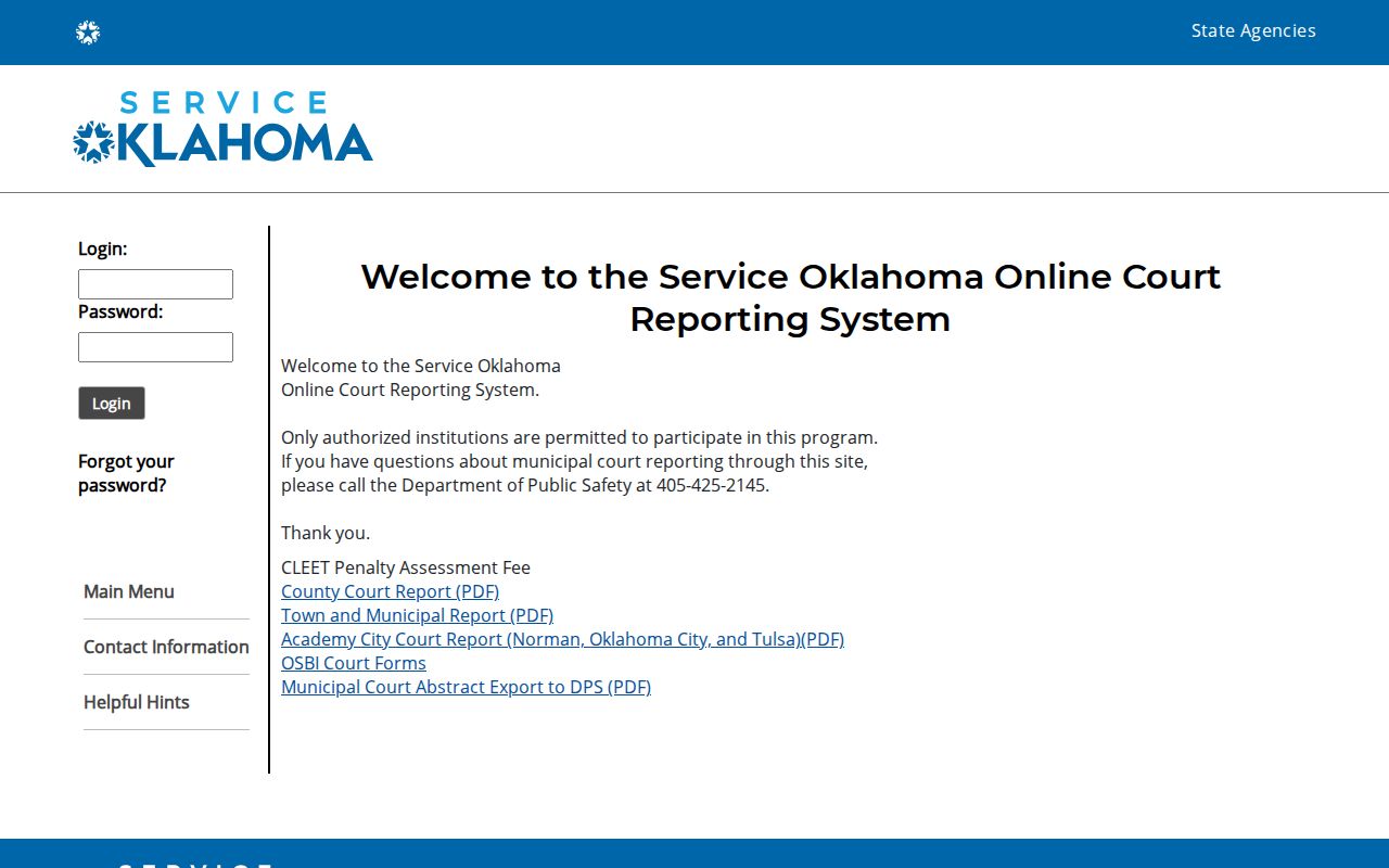 Oklahoma DPS authorized institution notice showing a court reporting system is not a public warrant search