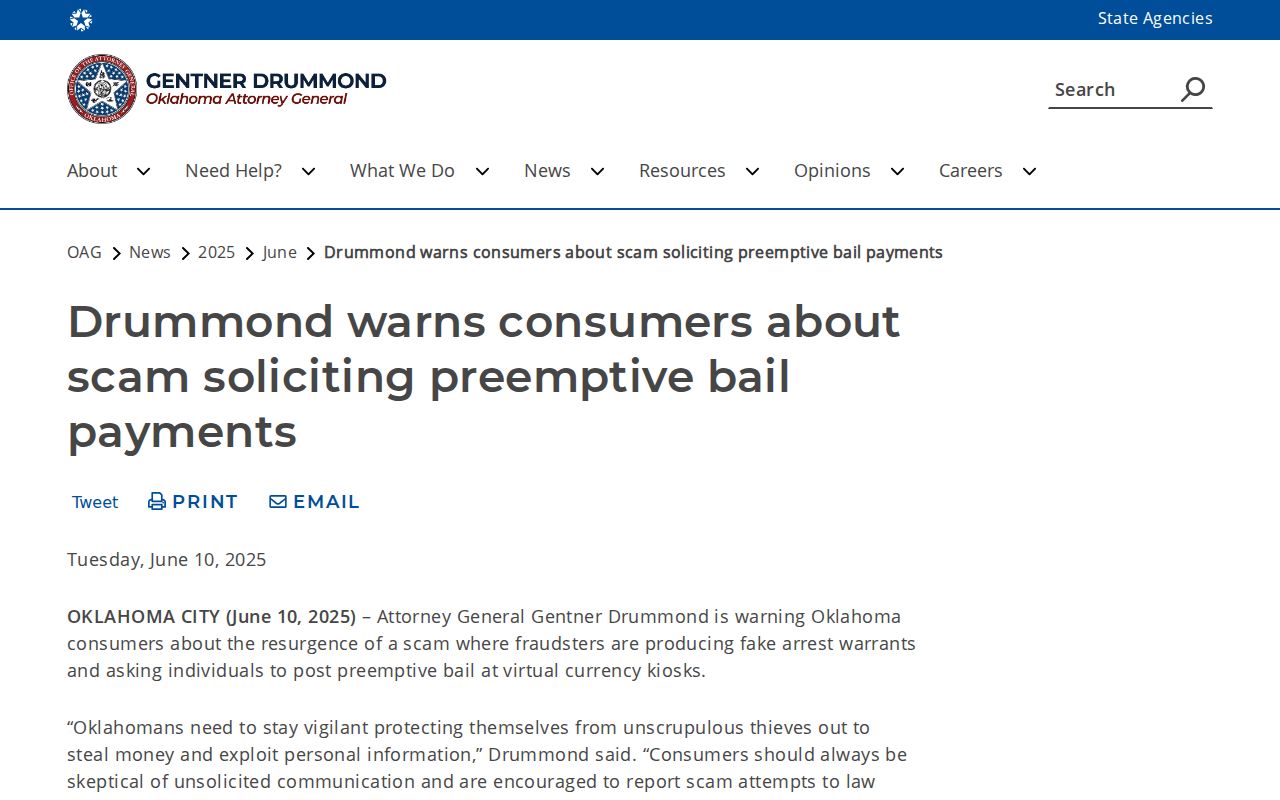 Oklahoma Attorney General warning about fake warrant payment demands